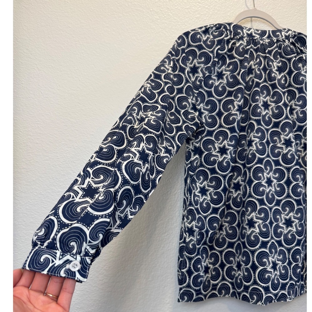 Lesley Evers Navy White Geometric Swirl Star Cotton Blouse Top Womens Medium - Picture 6 of 9